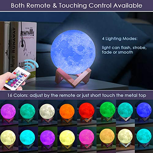 SunTop Lámpara de luna en 3D, 15cm 16 colores Interruptor táctil y control remoto luna lampara, USB Recargable LED Luna Luz Nocturna Lámpara Luz nocturna