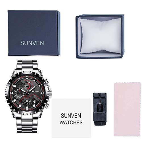 SUNVEN Hombre Reloj Blanco Impermeable Deportes Cuarzo Resistente al Agua 30M con Pulsera de Acero Inoxidable Cronógrafo y Calendario Relojes de Moda de Estilo (Negro)