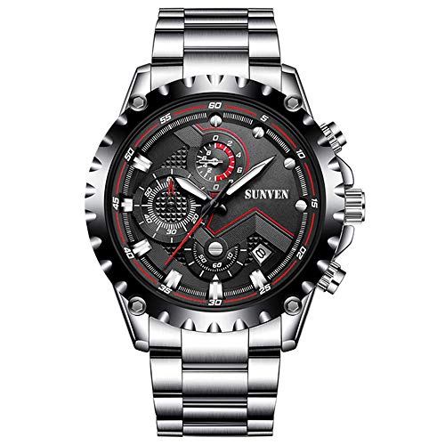 SUNVEN Hombre Reloj Blanco Impermeable Deportes Cuarzo Resistente al Agua 30M con Pulsera de Acero Inoxidable Cronógrafo y Calendario Relojes de Moda de Estilo (Negro)