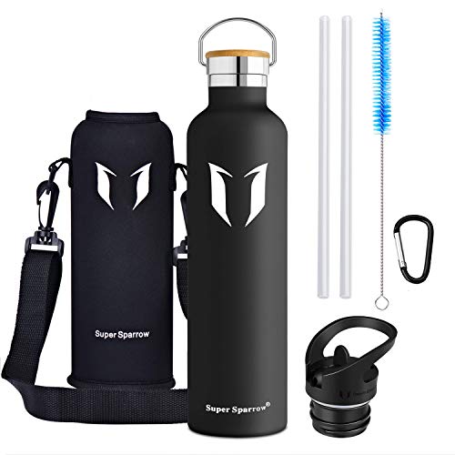 Super Sparrow Botella de Agua aislada al vacío de Acero Inoxidable, diseño de Pared Doble - 1000ml - Sin BPA Gorra Deportiva con Gorra estándar - para Correr, Gimnasio, Yoga, Ciclismo