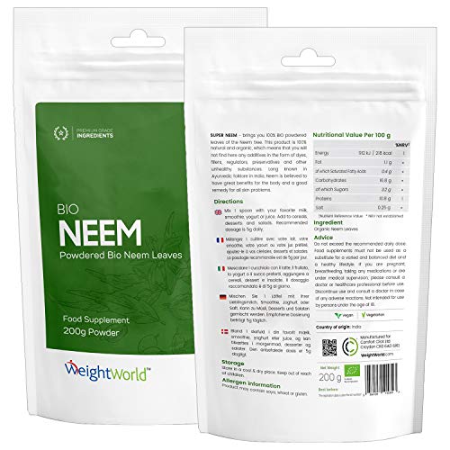 Suplemento Neem en Polvo Orgánico 200g | Hojas de Neem Polvo Ayurvédico Detox, Para Piel, Cabello, Dientes, Encías, Sistema Inmunológico y Bienestar del Corazón, Suplemento Natural y Vegano