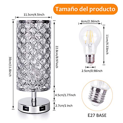 SUVOM Lámpara de Mesa Control Táctil de Cristal, 3 Modos de Luz Lámpara de Mesilla de Noche de Cristal con 2 Puertos de Carga USB Rápidos Dobles para Sala de Estar, Dormitorio, Comedor