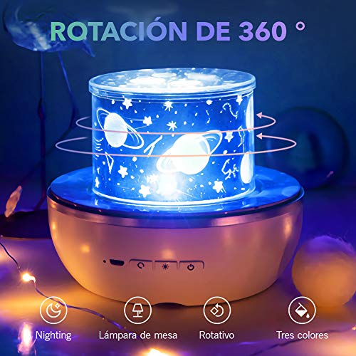 SUVOM Lámpara Proyector Infantil, 6 Modos Iluminación Proyector Dormitorio con Rotación 360 Grados de Estrellas y Cosmos, Luz de Nocturna para Niños y Bebés, Cumpleaños, Vacaciones, Navidad, Halloween