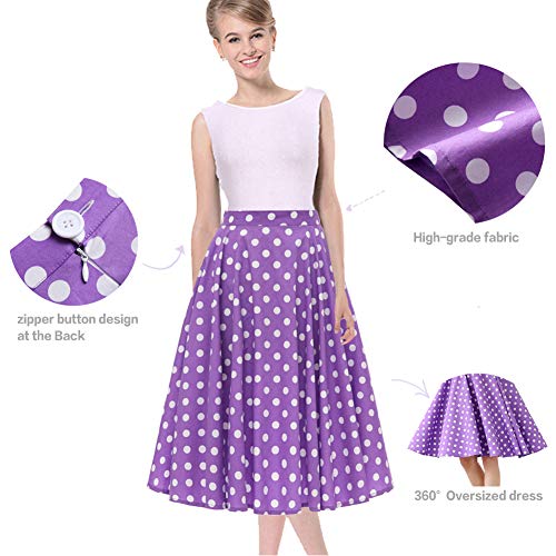 SXSHUN Falda Retro Años 50 para Mujeres Falda Plisada Estilo Vintage Rockabilly Polka Vestido Años 60, Morado/Lunar Grande Blanco, S