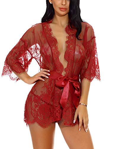 Sykooria Conjunto de Lencería Sexy Bata de Encaje Babydoll Kimono Ropa de Dormir Escote en V Profundo Camisón Camisón Ropa de Dormir Suave