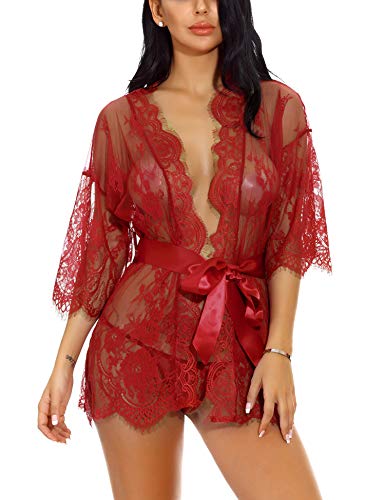 Sykooria Conjunto de Lencería Sexy Bata de Encaje Babydoll Kimono Ropa de Dormir Escote en V Profundo Camisón Camisón Ropa de Dormir Suave