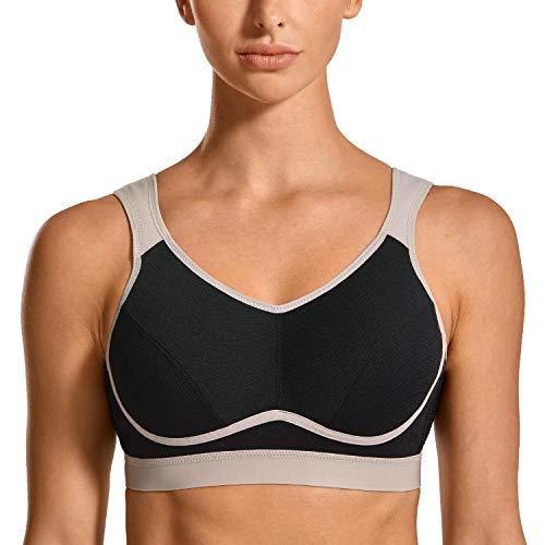 SYROKAN - Sujetador Deportivo Máximo Soporte Sin Relleno para Mujer Negro/Gris ES:105B (EU 90B)