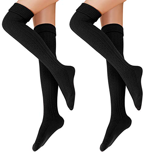 Tacobear 2 Pares Calcetines Altos Muslo Mujer Calcetines Largos Sobre la Rodilla Muslo Calcetines Invierno Caliente Algodón Calcetines la Rodilla para Mujer Niña (negro + negro)