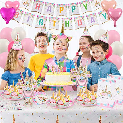 Tacobear 219pcs Unicornio Cumpleaños Fiesta Decoracion Unicornio Globos Unicornio Platos Mantel Servilletas Vajilla Cumpleaños Decoracion para Niño Unicornio Fiesta Cumpleaños Artículos Suministro