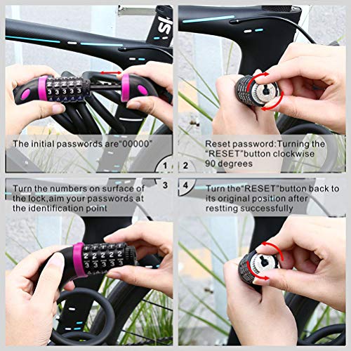 TAKEBEST Candado de Bicicleta Antirrobo Bloqueo Cable, Candado Bicicleta Combinación Alta Seguridad Antirrobo 5 Dígitos con Cadena de Material Ecológico de PVC, 120cm X12mm, Rosado