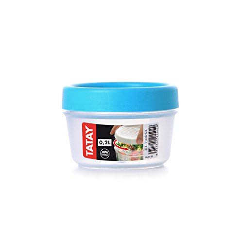 TATAY 1160700 - Contenedor de Alimentos hermético con Cierre a Rosca y medidor, transparente con tapa azul, Libre de BpA, 0,2 litros de capacidad, 8.5x8.5x6 cm