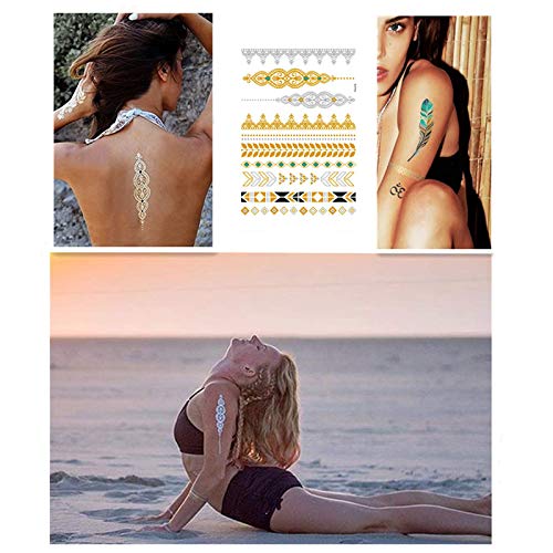 Tatuajes Dorados,Papel de Tatuaje a Prueba de Agua,Tatuajes Temporales Metálicos,Diseños en Oro & Plata Arte Corporal Calcomanías para pulsera/tobillera/triángulo/tatuaje dedo-12 hojas