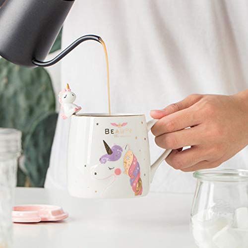 Taza Unicornio Taza de café de cerámica linda con una encantadora cuchara de unicornio, Copa de la mañana Café Novedad Té Leche Taza de navidad Regalo para niñas Amantes del unicornio 380ML (Rosado)