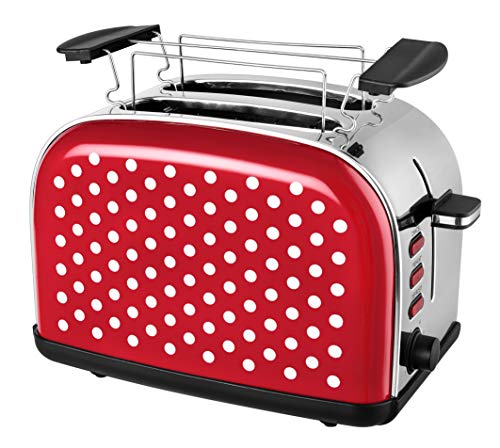 Team Kalorik Tostadora de dos ranuras de acero inoxidable, Diseño vintage, Soporte para calentar repostería o panecillos, Cajón para migas, 1050 W, Rojo con lunares blancos