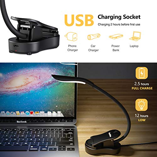 TechRise Luz LED para libros, Control Táctil y Ajuste Brillo sin Niveles con 7 LED SMD, USB Recargable, Clip de lectura Luz, Lampara para libro LED flexible y agradable a la vista para la noche