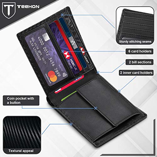 TEEHON Carteras Hombre con Monedero, Cartera Delgada Cuero de Fibra de Carbono con RIFD Bloqueo, 7 Ranuras para Tarjetas, 1 Ranuras para ID, 2 Ranuras para Billetes, 1 Ranuras para Monedas - Negro