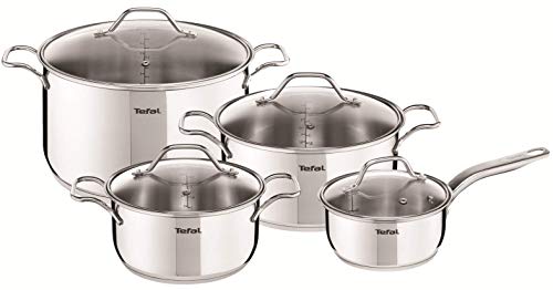 Tefal A702S885 Intuition Set 4 piezas incluye cazo 16 cm y tapa, cacerola 20/24 cm y tapas, olla 28 cm con tapa, acero inoxidable, marcas medición, tapas cristal, aptas para del horno y lavavajillas