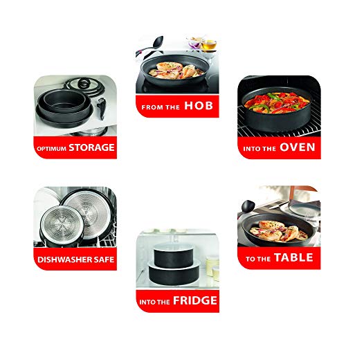 Tefal Ingenio Expertise - Juego de 6 Piezas Aluminio con Mango Extraíble, Sartenes 22 y 26 cm + Cazos de 16 y 20 cm + Guisera de 24 cm + Wok de 26 cm + 3 tapas de plástico + 1 espátula + 1 mangos