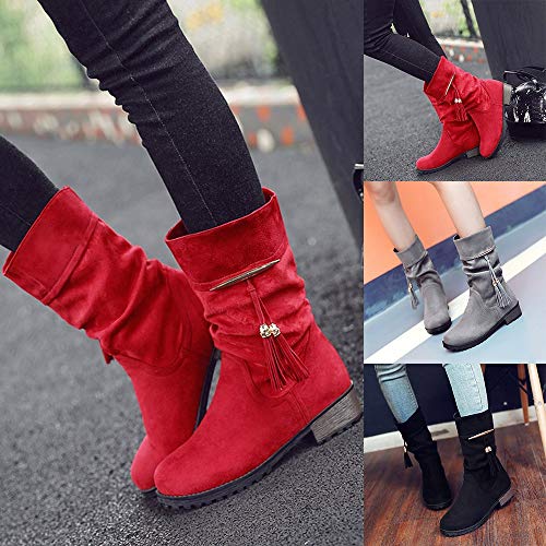 Tefamore Botas Mujer Invierno Tacon Botas Altas Botines Zapatos con Aumento de Borla Round Toe Flat Tube Boots Botas de Nieve Zapatos Planos