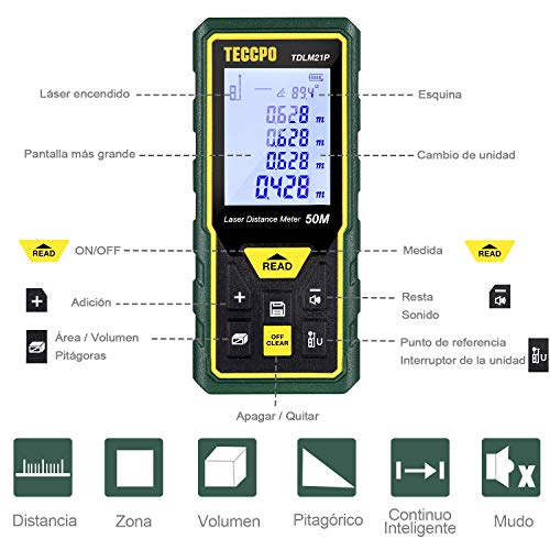 Telémetro Láser 50m, TECCPO Medidor Láser de Distancia con Precisión ± 2mm, Niveles de Burbuja con Función de Silencio, Sensor de Ángulo Electrónico, IP54, TDLM21P