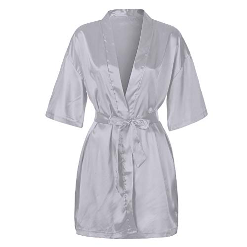 TIFIY Ropa Interior Lencería Mujer Seda Bata de Encaje Babydoll Camisón Pijama de Encaje Sexy Camisón Kimono Cardigan Robe Cintúra Mangas Media Ropa de Dormir Talla Grandes(Gris,XL)