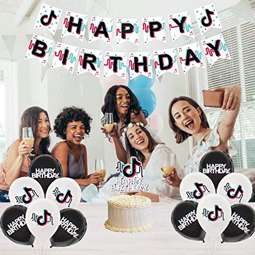 TIK Tok - Juego de decoración para fiestas, suministros para fiestas de cumpleaños de Tik Tok, adorno para tartas de cumpleaños de TIK Tok y pancarta de cumpleaños de TIK Tok para suministros de fiest