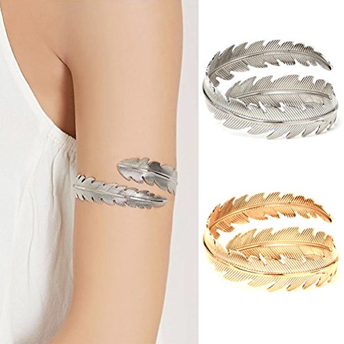 Tinksky 2pcs Swirl Leaf pluma Brazalete superior Brazalete brazalete brazalete brazalete ajustable Navidad regalo de cumpleaños para las mujeres (plata dorada)