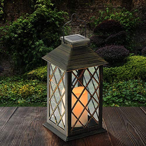 Tomshine Linterna Solar con Vela Efecto Luz LED Solar Jardín Lámpara,Estilo Vintage, Exterior Iluminación Balcón Jardín Faroles de Decoracion