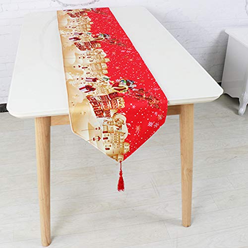 Topmail Camino de Mesa de Navidad con Borla Christmas Camino Mantel Navideño Decoración para Navidad para Mesa Comedor Cocina en Lino Dorado Rojo 180x33cm