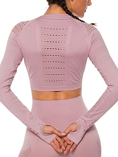 Tops Yoga Camiseta Deportiva Sin Costura Mangas Larga Fitness Mujer Gimnasio #1 Rosa Chica