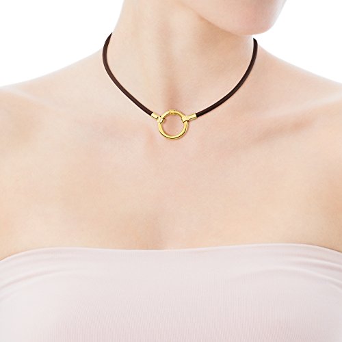 TOUS Collar Gargantilla HOLD de mujer en Plata vermeil 18 kt y cuero marrón, Largo: 38 cm, Anilla 2 cm