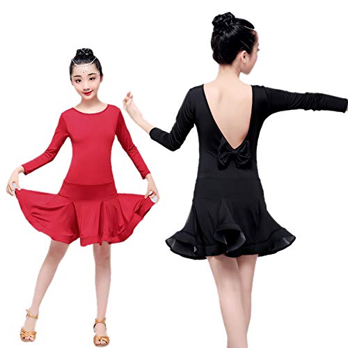 Trajes de baile para niños, espalda Escote en V Gran lazo, ropa de baile latino lombardo, adecuado para la interpretación en el escenario / prueba de baile estándar nacional (120-170 cm)ZDDAB