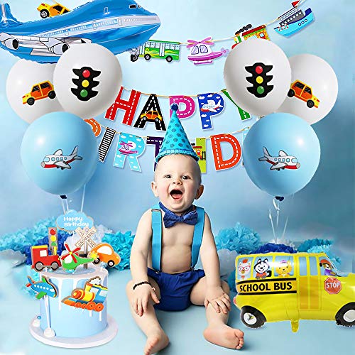 Transporte Decoraciones Cumpleaños para Niños, Aviator Theme Favores Fiesta con Pancarta Cumpleaños Vehículos Transporte Globos Autobús Tren Avión Semáforo Topper Torta para Decoración Baby Shower