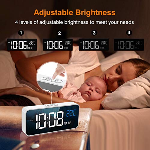 tronisky Reloj Despertador Digital, LED Reloj Despertador Electrónico con Espejo Pantalla, 2 Alarmas y Función Snooze, Temperatura, 12/24 Horas, USB Recargable, 4 Brillo Ajustable, Blanco