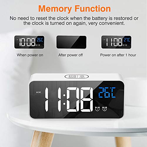 tronisky Reloj Despertador Digital, LED Reloj Despertador Electrónico con Espejo Pantalla, 2 Alarmas y Función Snooze, Temperatura, 12/24 Horas, USB Recargable, 4 Brillo Ajustable, Blanco