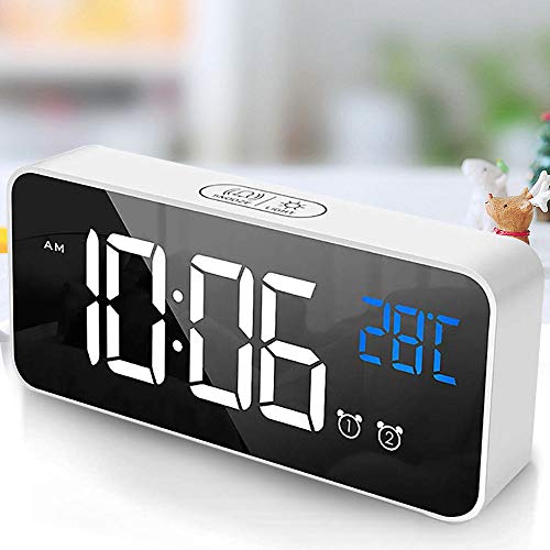 tronisky Reloj Despertador Digital, LED Reloj Despertador Electrónico con Espejo Pantalla, 2 Alarmas y Función Snooze, Temperatura, 12/24 Horas, USB Recargable, 4 Brillo Ajustable, Blanco