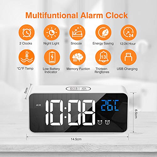 tronisky Reloj Despertador Digital, LED Reloj Despertador Electrónico con Espejo Pantalla, 2 Alarmas y Función Snooze, Temperatura, 12/24 Horas, USB Recargable, 4 Brillo Ajustable, Blanco