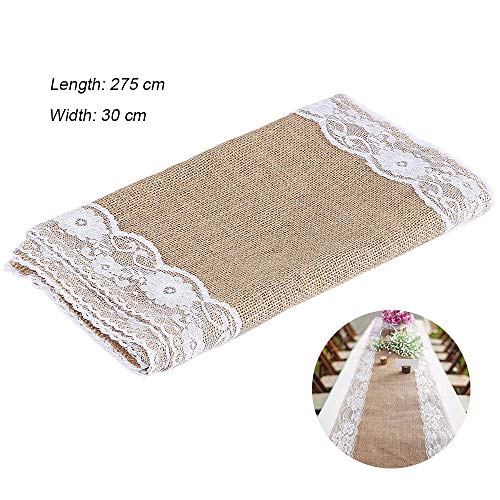 TRUBUY Camino de Mesa Burlap Yute, Mantel de Encaje de Arpillera Rústico Natural Decoración de Mesa para Boda Fiesta Navidad Festival, 30 x 275 cm (2 Piezas)