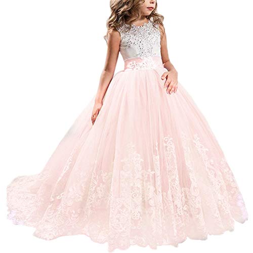 TTYAOVO Vestido de Novia Princesa de Encaje hasta el Suelo para Niñas Vestidos de Tul 12-13 Años Rosado