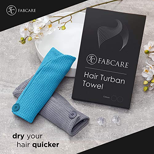 Turbante de pelo FABCARE de secado rápido - DERMATEST: MUY BUENO - Toalla de pelo con botón - Toalla de pelo para secar el pelo - Toalla turbante de microfibra para cabello largo [2 piezas]