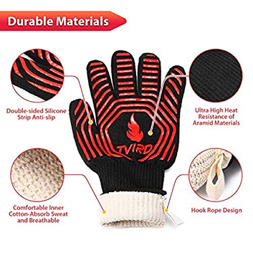 Tvird Guantes para Barbacoa, Guantes para Horno, Resistencia Térmica hasta 800 ° C, Forro de Algodón de Punto, Silicona Antideslizante y Antebrazo Protector,para Cocina, Chimenea y Carbón (1 par)