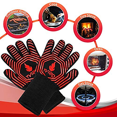 Tvird Guantes para Barbacoa, Guantes para Horno, Resistencia Térmica hasta 800 ° C, Forro de Algodón de Punto, Silicona Antideslizante y Antebrazo Protector,para Cocina, Chimenea y Carbón (1 par)