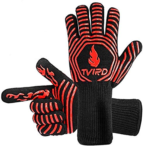 Tvird Guantes para Barbacoa, Guantes para Horno, Resistencia Térmica hasta 800 ° C, Forro de Algodón de Punto, Silicona Antideslizante y Antebrazo Protector,para Cocina, Chimenea y Carbón (1 par)