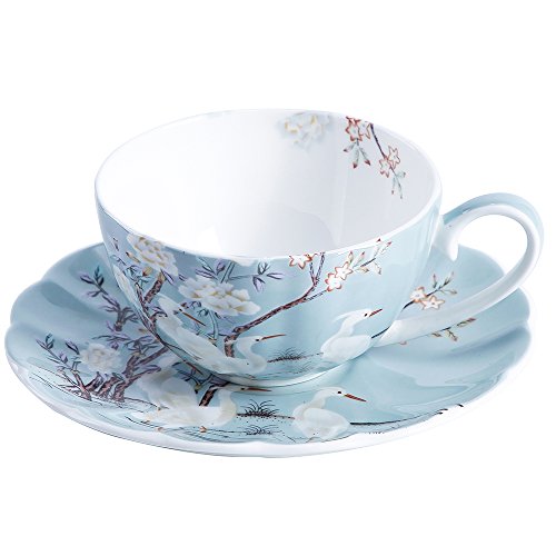 ufengke 8oz Azul Taza de Café de Porcelana Fina con Platillo,Flores de Colores,Platillo y Taza de Té de Porcelana de Grulla Blanca