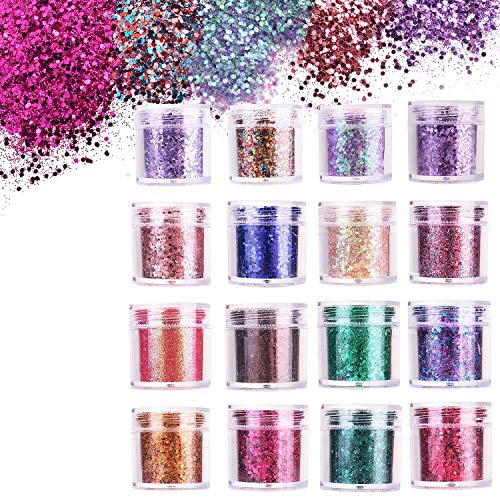 Ulikey 16 Cajas Purpurinas Polvo, Purpurina para Cara Cuerpo Maquillaje Pelo Rostro Uñas Mejilla, Glitter Flakes Paillette para Rostro, Brillante Decoración para Pelo