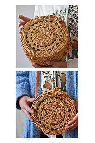 Ulisty Diseño de Talla Hueca Redondo Bolso de la Cesta de ratán Bolso de Paja de círculo Bolso Hecho a Mano Bolso de la Armadura Bolso Tejido a Mano Bolsa de Hombro para Mujeres/niñas Forro azu