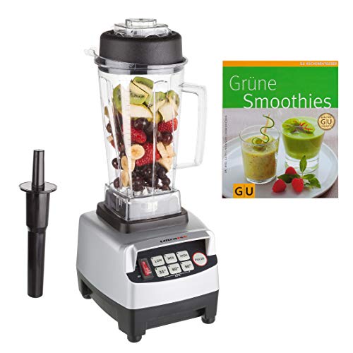 Ultratec Batidora de vaso 2 litros - batidora de alta potencia con 1500 vatios o 2 CV - 22 000 U/min, batidora, batidora para smoothies, picadora, incl. recetario de smoothies, plata