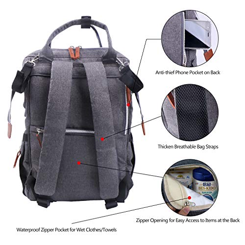 Umitive Mochilas de Pañales para Bebé, Maternal Bolso Multifuncional con USB de Viaje, Gran Capacidad, Impermeable, Enviar 2 Correas de Cochecito y 1 Cambiador y 1 Bolsa Aislante, Gris