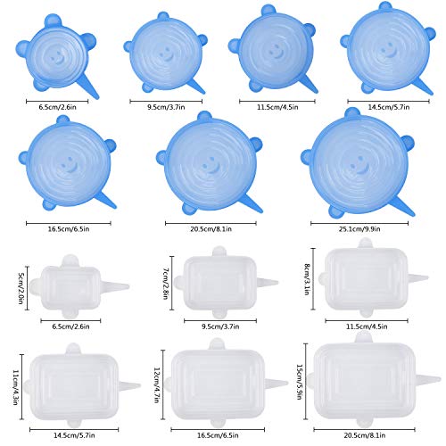 Umitive Tapas de Silicona EláSticas, paquete de 13 tapas de silicona para alimentos Tapas rectangulares y redondas expandibles para varios recipientes, no tóxicos,Seguro de usar en horno de microondas