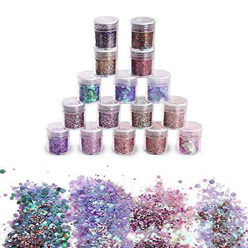 URAQT 16 Colores Purpurinas Polvo, Chunky Glitter Flakes Paillette Brillante Decoración para Cara Maquillaje Pelo Arte Corporal Uñas y Mejilla-C